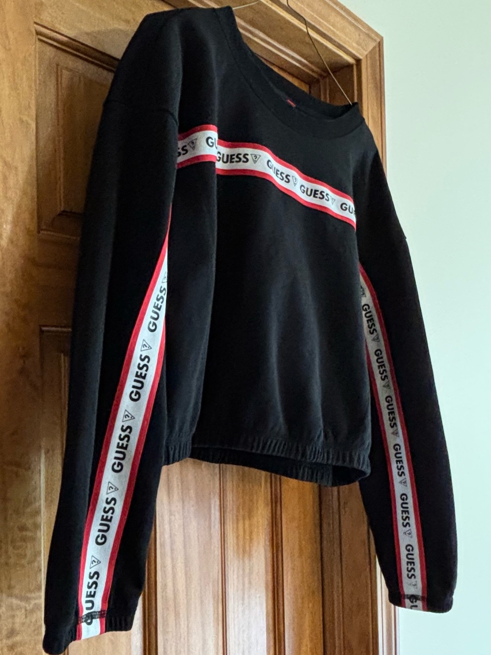 Guess Black Cropped Sweatshirt with Red & White Logo Tape - Picture 2 of 9